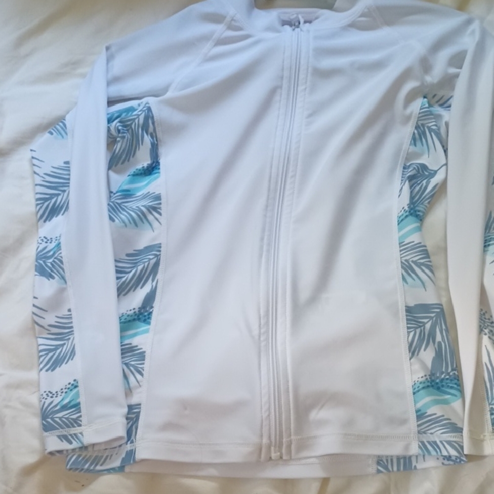 Women's White and Blue Swim Top